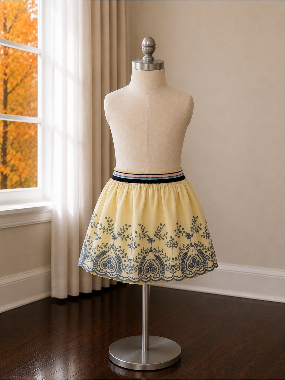 Yellow Embroidered Skirt with Elastic Waistband